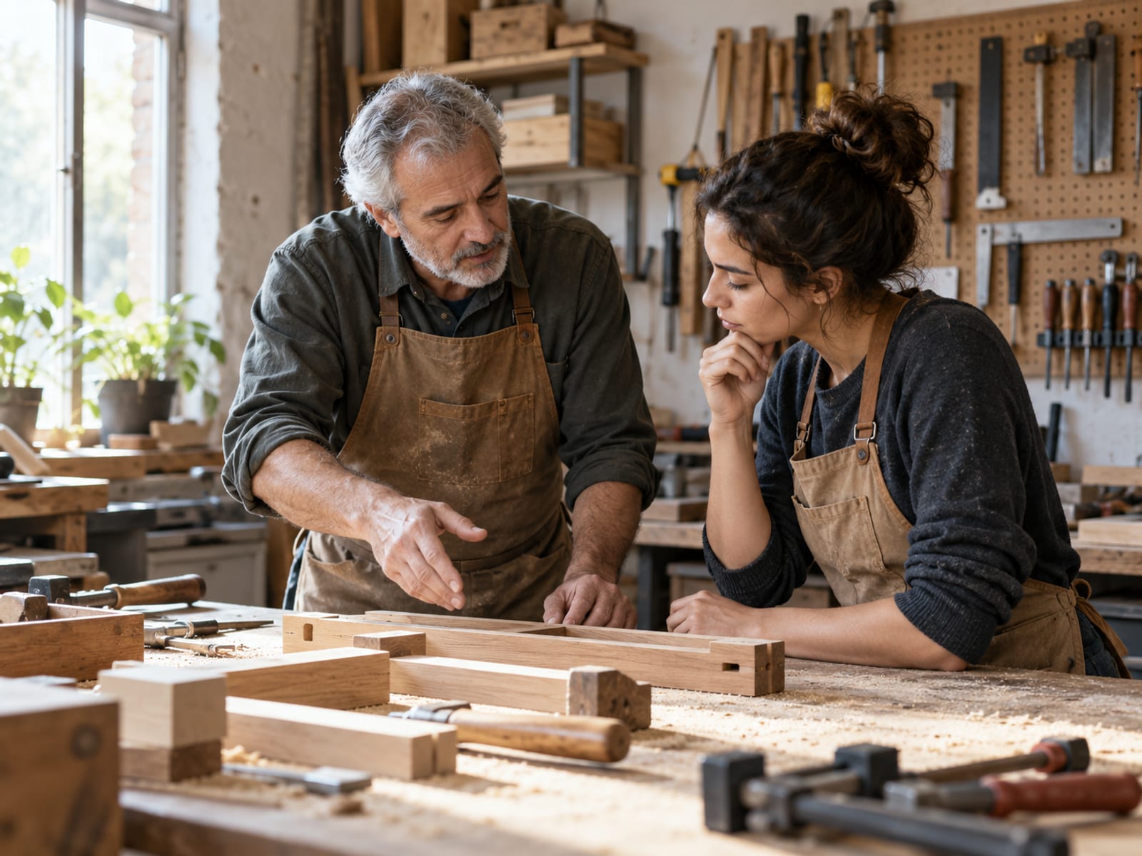 Two coworkers talking beside a workbench in a small workshop