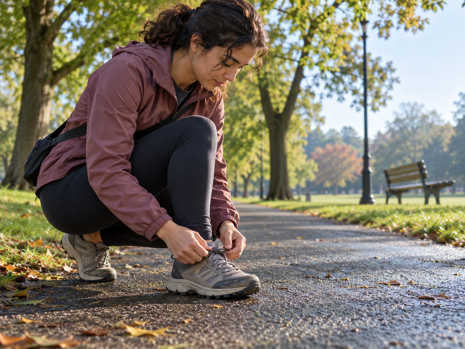 A young woman tying her shoes on a park path before a morning walk