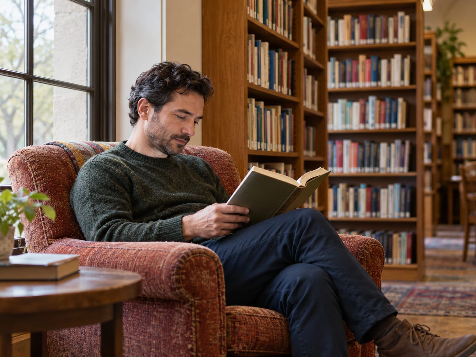 A man reading in an armchair by a library window